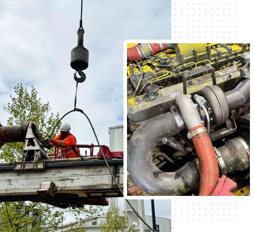 Opération de levage sur chantier et gros plan sur moteur thermique d’engin de chantier en cours de réparation Opération de levage sur chantier et gros plan sur moteur thermique d’engin de chantier en cours de réparation